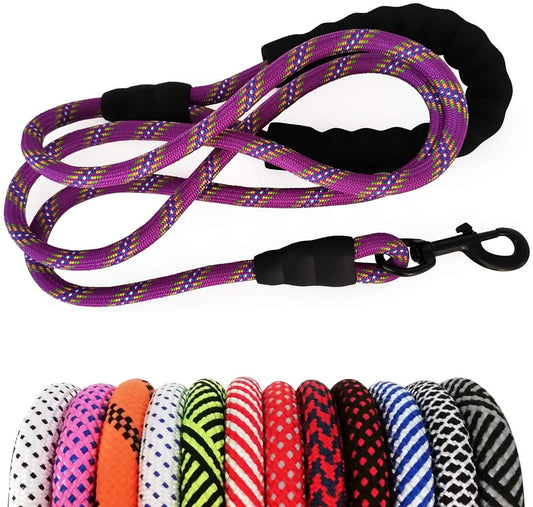 Heavy Duty Rope Dog Leash, 3/4/5/6/7/8/10/12/15 FT Nylon Pet Training Leash, Soft Padded Handle Thick Lead Leashes for Large Medium Dogs (1/2" 6', Purple)