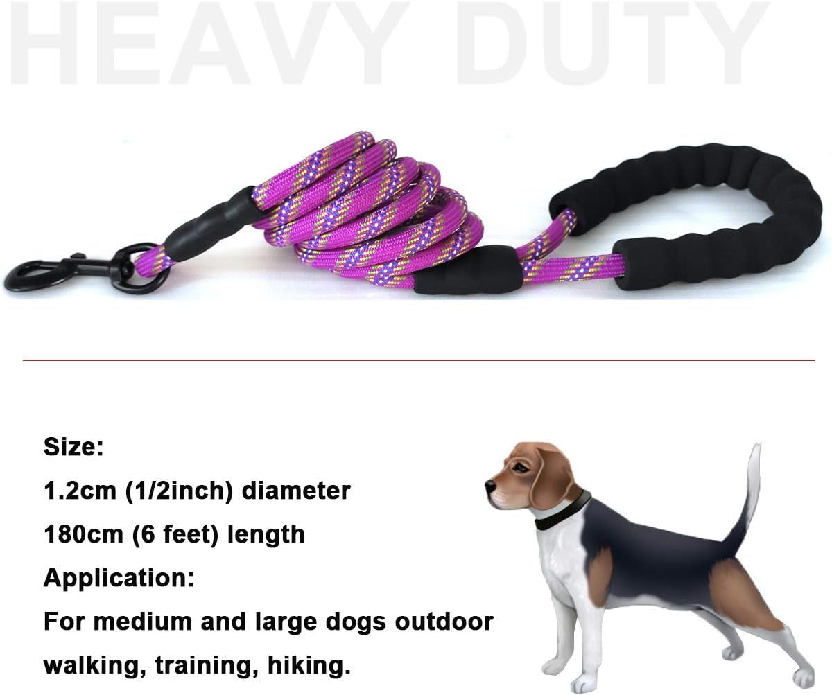 Heavy Duty Rope Dog Leash, 3/4/5/6/7/8/10/12/15 FT Nylon Pet Training Leash, Soft Padded Handle Thick Lead Leashes for Large Medium Dogs (1/2" 6', Purple)